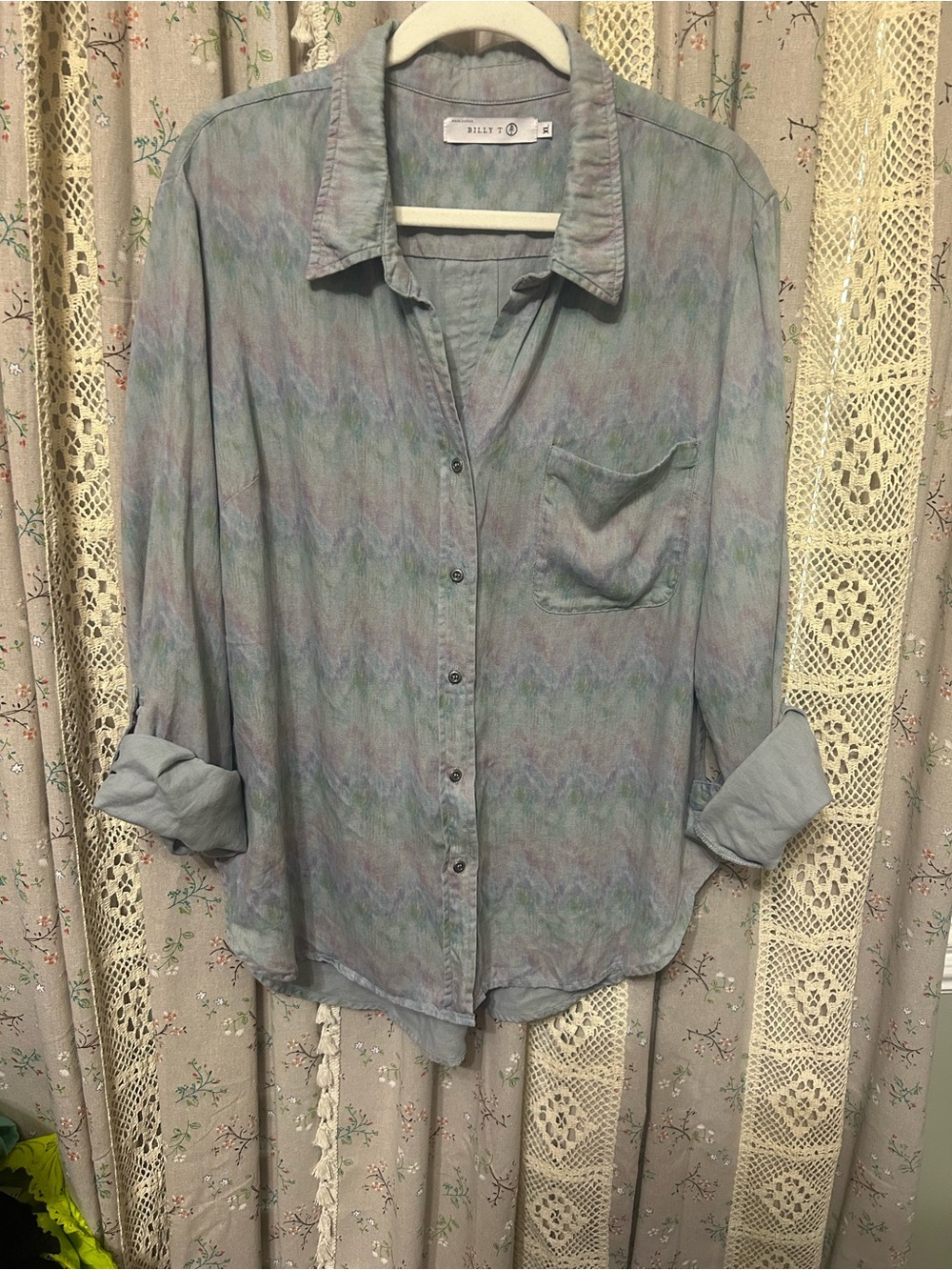 Billy T XL Lyocell Linen Button Down Shirt Watercolor Roll Tab Top